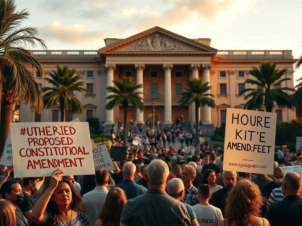 A large, ornate government building stands imposingly in the background, its neoclassical architecture bathed in warm, golden lighting. In the foreground, protesters carrying signs and banners denounce proposed constitutional amendments, their faces etched with determination. The middle ground is a bustling scene of political activity, with lawmakers and lobbyists engaged in heated discussions. The overall atmosphere conveys the high stakes and polarized nature of the ongoing debate over the future of Florida's laws and policies.