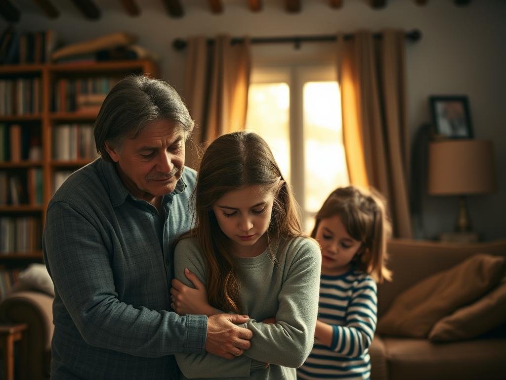 A large, warm family portrait captured in a cozy, dimly lit living room. In the foreground, a mother and father embrace their teenage daughter, their expressions filled with concern and care. The girl's eyes are downcast, conveying a sense of inner turmoil. In the middle ground, two younger siblings play quietly, their body language suggesting an underlying tension. The background is hazy, with bookshelves and family photos lining the walls, creating a sense of a lived-in, personal space. Soft, golden light filters in through the windows, casting a gentle glow over the scene and evoking a sense of vulnerability and emotional depth.
