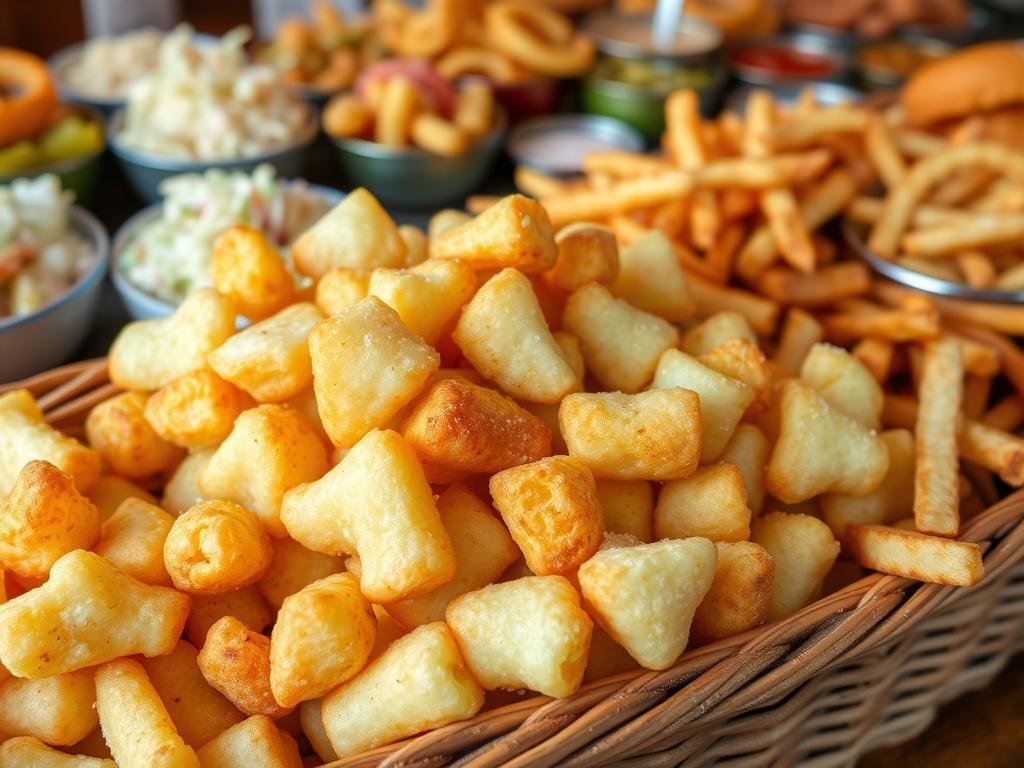 A large wicker basket overflowing with crisp golden-brown cheese curds, perfectly seasoned and fried to a delectable crunch. Beside it, a generous pile of crinkle-cut fries, their edges glistening with a light dusting of salt. In the background, a vibrant array of complementary Wisconsin-inspired sides, such as creamy coleslaw, tangy pickles, and zesty onion rings, all arranged in a visually striking and appetizing display. The scene is bathed in warm, natural lighting, creating a welcoming and inviting atmosphere, hinting at the delightful flavors and satisfying textures that await the viewer.