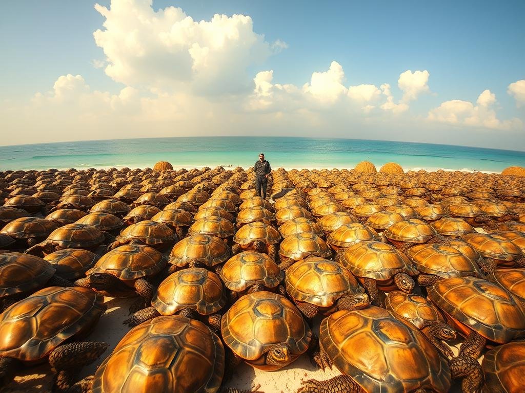 A lush, coastal scene in Indialantic, Florida. In the foreground, a lone figure stands solemnly amidst an "army" of turtles, their shells gleaming in the warm, golden sunlight. The turtles, of various sizes and species, appear to be moving in unison, creating a captivating and unsettling visual. In the middle ground, the peaceful beachfront is disrupted by the unusual gathering, drawing the viewer's attention. The background features a hazy, blue ocean horizon, with fluffy white clouds dotting the sky, creating a serene yet unsettling atmosphere. The entire scene is captured through a wide-angle lens, emphasizing the scale and grandeur of the alleged "army of turtles." The lighting is soft and natural, casting gentle shadows and highlights that accentuate the textures and details of the turtles and the surrounding environment.