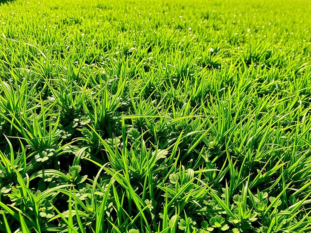 A lush, green lawn overrun by the vibrant green foliage of trampweed, its small, round leaves clustered densely across the ground. Sunlight filters through the blades of grass, casting delicate shadows over the invasive plants. The foreground is dominated by the tangled, low-growing trampweed, its stems sprawling across the lawn. In the middle ground, the healthy turf struggles to compete, the trampweed encroaching on the well-manicured grass. The background fades into a softly blurred, verdant landscape, hinting at the larger context of the scene. The image conveys a sense of the lawn's declining health and the gradual takeover of the undesirable trampweed.