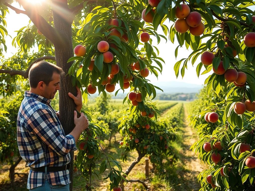 A lush peach orchard in central Florida, mid-morning sunlight filtering through the dense foliage. In the foreground, a gardener carefully inspects the trunk and branches of a mature peach tree, assessing its irrigation needs and pruning any wayward shoots. The middle ground shows rows of well-tended trees, their ripe fruit ready for harvest. In the background, the hazy outline of a farmhouse and rolling hills suggest the idyllic rural setting. The scene conveys a sense of diligent care and abundance, capturing the essence of successful peach cultivation in the Florida climate.