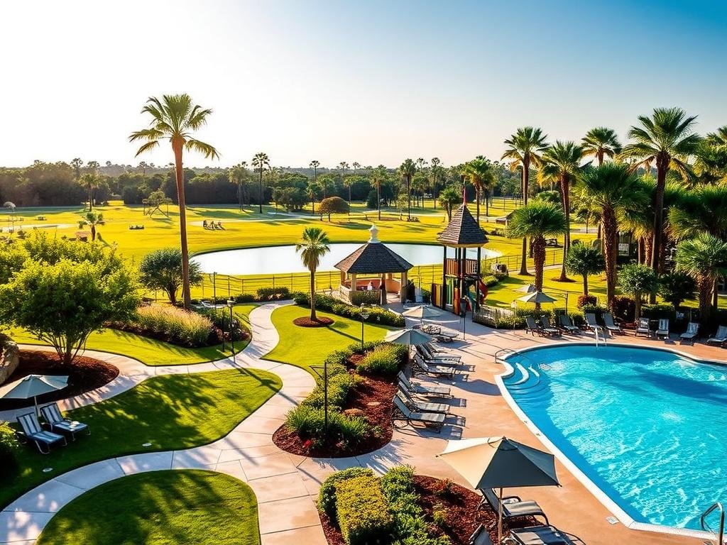A lush, sun-dappled scene of Padgett Park's inviting amenities. In the foreground, a sparkling swimming pool is flanked by lounge chairs and umbrellas, beckoning visitors to relax and cool off. Meandering pathways wind through the well-manicured greenery, leading to a modern playground where children's laughter echoes. In the middle ground, a picturesque gazebo and a serene lake complete the idyllic setting, while the background is framed by towering palm trees swaying in a gentle breeze. The scene is bathed in warm, golden light, creating a tranquil and welcoming atmosphere that captures the essence of Padgett Park on the Emerald Coast.
