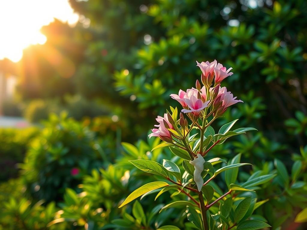 A lush, verdant Florida landscape, the sun's warm glow casting a gentle light. In the foreground, a vibrant Oleander shrub stands tall, its delicate pink blossoms contrasting against the rich green foliage. Closer inspection reveals the plant's hidden danger - a thick, milky sap oozing from the stems, a potent cardiotoxin that can be deadly if ingested. The background softly blurs, drawing the viewer's attention to the captivating yet perilous beauty of this iconic Florida flora. The image captures the essence of the Oleander, a stunning yet hazardous plant that thrives in the Sunshine State. A lush, verdant Florida landscape, the sun's warm glow casting a gentle light. In the foreground, a vibrant Oleander shrub stands tall, its delicate pink blossoms contrasting against the rich green foliage. Closer inspection reveals the plant's hidden danger - a thick, milky sap oozing from the stems, a potent cardiotoxin that can be deadly if ingested. The background softly blurs, drawing the viewer's attention to the captivating yet perilous beauty of this iconic Florida flora. The image captures the essence of the Oleander, a stunning yet hazardous plant that thrives in the Sunshine State.