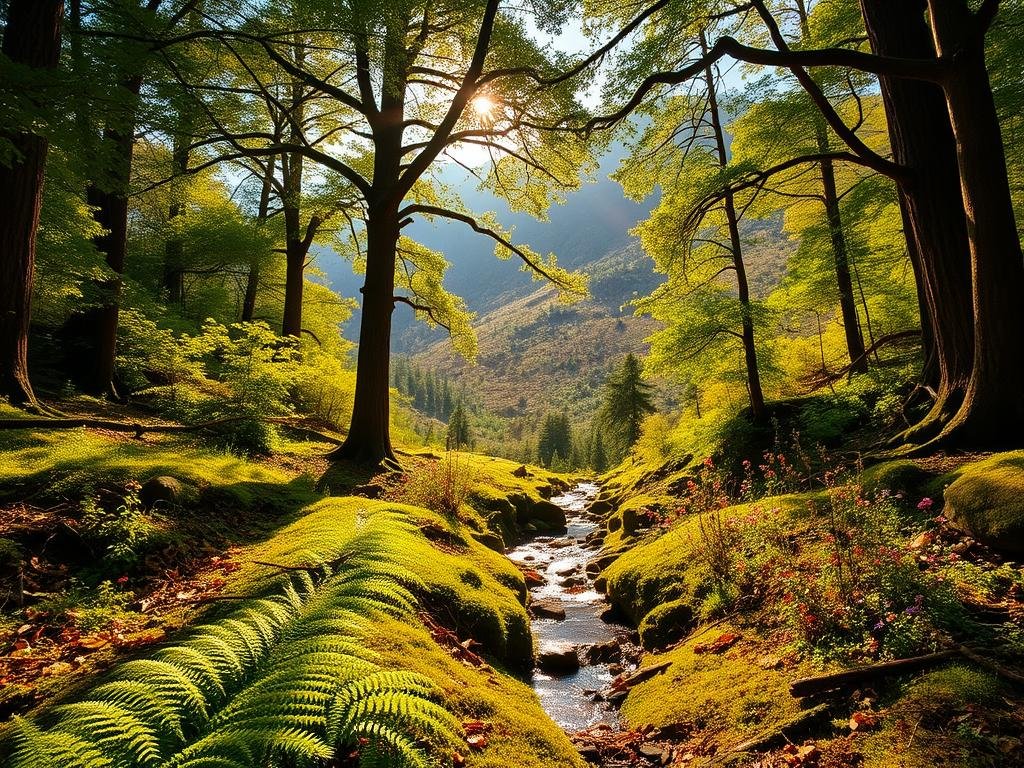 A lush, verdant forest with towering trees and a thick canopy. In the foreground, a dense undergrowth of ferns, moss, and fallen leaves covers the moist, nutrient-rich soil. Rays of warm, golden sunlight filter through the foliage, casting a soft, dappled glow. In the middle ground, a small stream meanders, its banks lined with vibrant wildflowers. The air is heavy with the earthy scent of decaying organic matter. In the background, a vast, rugged mountainscape rises, its slopes dotted with scrubby vegetation struggling to take root in the arid, rocky terrain. The overall scene conveys the delicate balance and interconnectedness of the environment, highlighting the profound impact of external factors on the soil and vegetation. A lush, verdant forest with towering trees and a thick canopy. In the foreground, a dense undergrowth of ferns, moss, and fallen leaves covers the moist, nutrient-rich soil. Rays of warm, golden sunlight filter through the foliage, casting a soft, dappled glow. In the middle ground, a small stream meanders, its banks lined with vibrant wildflowers. The air is heavy with the earthy scent of decaying organic matter. In the background, a vast, rugged mountainscape rises, its slopes dotted with scrubby vegetation struggling to take root in the arid, rocky terrain. The overall scene conveys the delicate balance and interconnectedness of the environment, highlighting the profound impact of external factors on the soil and vegetation.