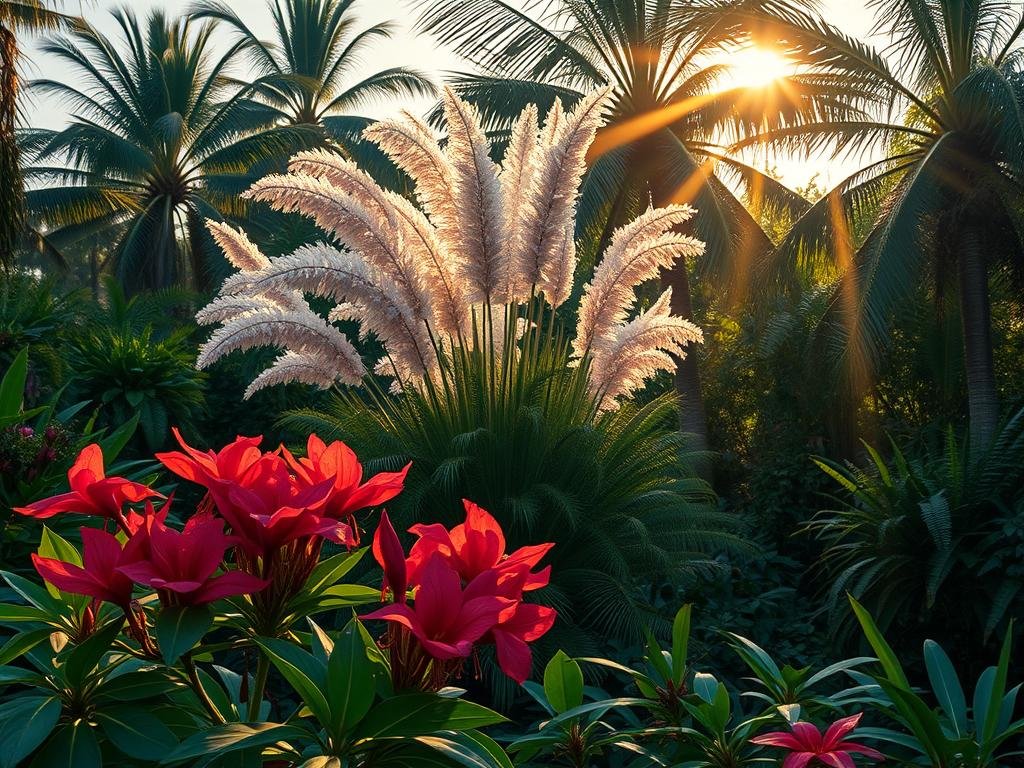 A lush, vibrant tableau showcasing an array of dangerous ornamentals and invasive plants found in Florida. In the foreground, a cluster of vibrant, otherworldly blooms with intricate petals and sinister hues - perhaps an oleander or angel's trumpet, their beauty belying their toxic nature. In the middle ground, towering stands of Japanese plume grass sway gently, their feathery fronds casting dynamic shadows. Behind them, a thicket of Old World climbing fern creeps up the trunks of native palms, smothering the landscape. Rays of warm, golden-hour light filter through the scene, lending an ominous yet ethereal atmosphere, as if to warn of the hidden perils lurking among the seemingly innocuous foliage. A lush, vibrant tableau showcasing an array of dangerous ornamentals and invasive plants found in Florida. In the foreground, a cluster of vibrant, otherworldly blooms with intricate petals and sinister hues - perhaps an oleander or angel's trumpet, their beauty belying their toxic nature. In the middle ground, towering stands of Japanese plume grass sway gently, their feathery fronds casting dynamic shadows. Behind them, a thicket of Old World climbing fern creeps up the trunks of native palms, smothering the landscape. Rays of warm, golden-hour light filter through the scene, lending an ominous yet ethereal atmosphere, as if to warn of the hidden perils lurking among the seemingly innocuous foliage.