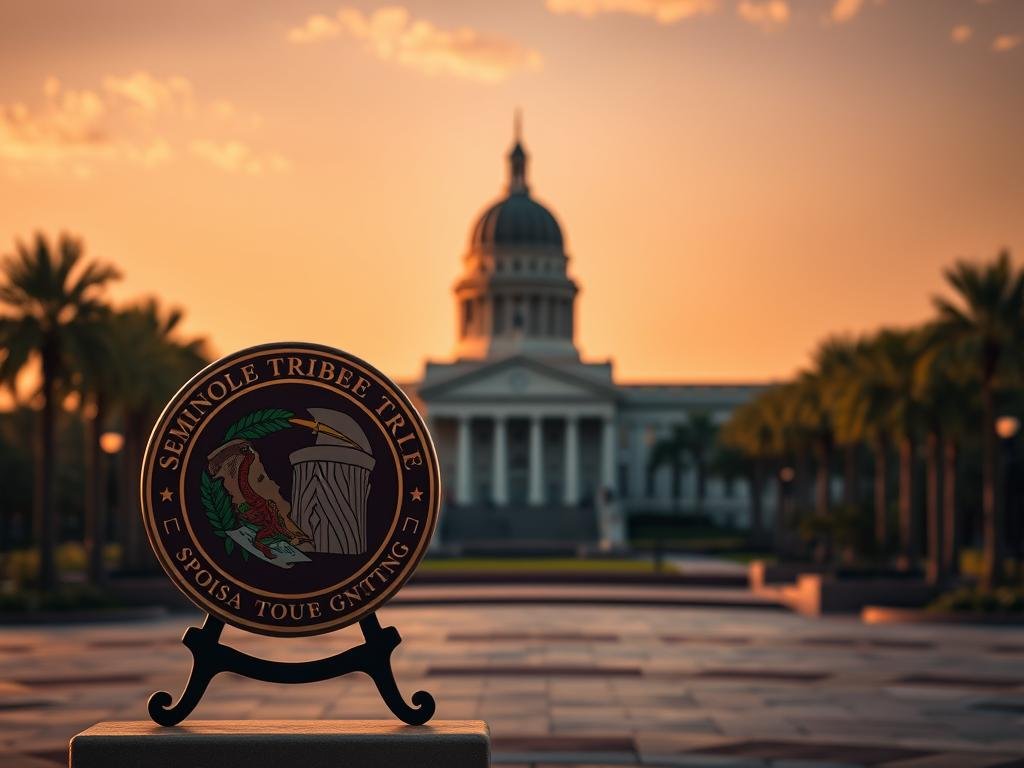 A majestic, high-resolution image showcasing the Seminole Tribe compact and Florida's sports betting posture. In the foreground, the Seminole Tribe's seal stands prominently, symbolizing their influential role in the state's gambling landscape. In the middle ground, a striking image of the Florida state capitol building, representing the state government's stance on sports betting. In the background, a serene landscape of palm trees and the warm, golden glow of the Florida sun, creating a sense of tranquility and balance. The lighting is soft and natural, with a cinematic depth of field that draws the viewer's eye to the key elements. The overall mood is one of authority, power, and the delicate interplay between tribal and state interests.