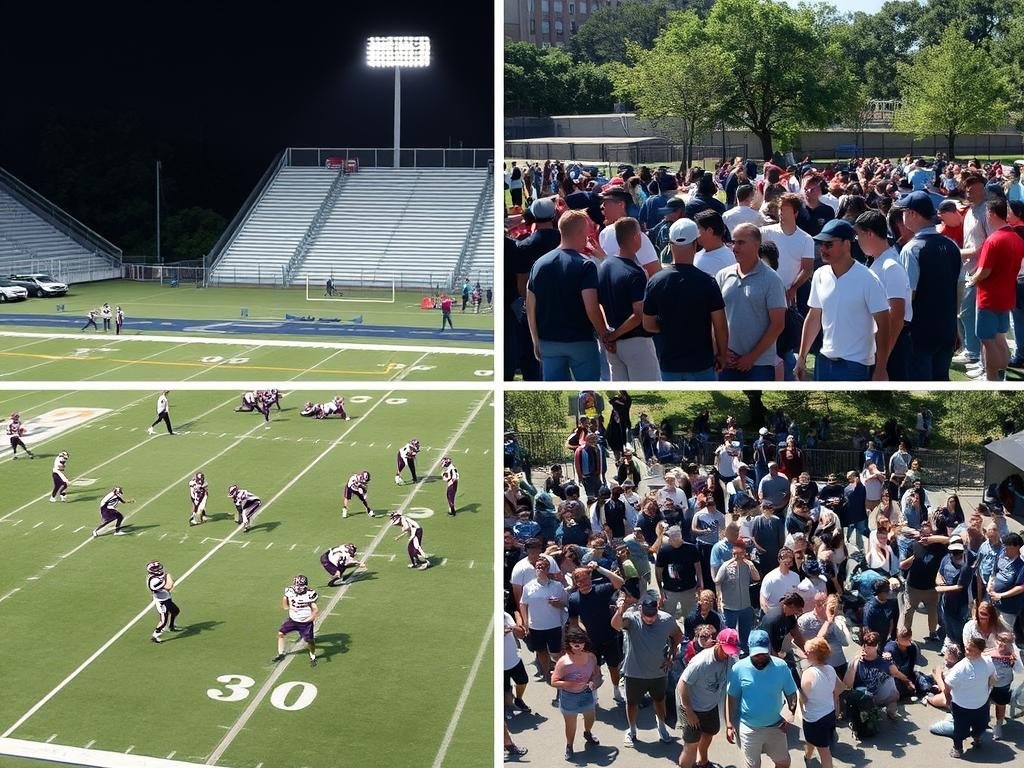 A meticulously organized football practice field, players in crisp uniforms executing drills with precision, coaches barking orders, all captured under bright stadium lighting. In stark contrast, a chaotic public meetup, a jumble of people in casual clothes engaged in unstructured physical activity, haphazardly occupying an open public space, illuminated by the natural light of day. The two scenes juxtaposed, highlighting the stark differences between a sanctioned, structured athletic activity and an unsanctioned, impromptu public gathering, both involving physical exertion and a sense of community, yet worlds apart in their formality, safety, and legal status.
