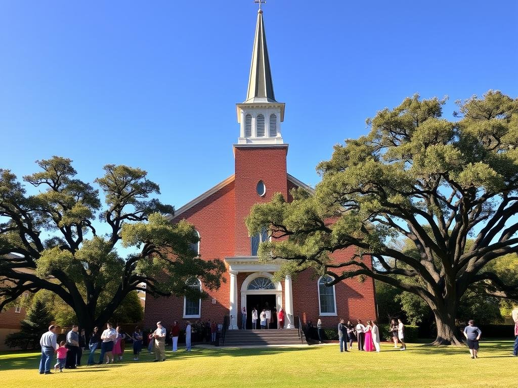 A mid-20th century brick church with a tall spire rises against a clear blue sky. The church's entrance is framed by ornate columns and an arched doorway. In the foreground, a well-tended lawn is dotted with mature oak trees casting dappled shadows. Parishioners of all ages gather on the steps and around the entrance, engaged in lively conversation. The scene conveys a sense of community, history, and the church's central role in the local neighborhood. Warm, golden sunlight illuminates the entire composition, creating a welcoming, timeless atmosphere.