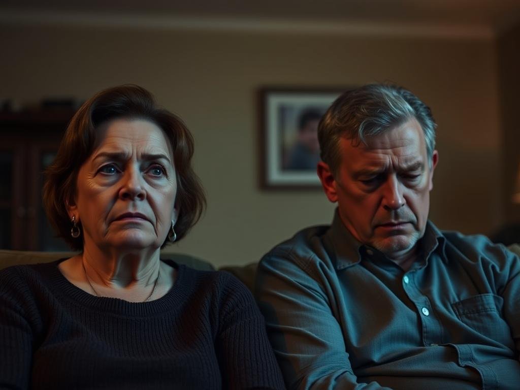 A middle-aged couple, likely the parents of Aiden Fucci, sit somberly in a dimly lit living room. The mother's face is pensive, her brow furrowed with concern, while the father's gaze is downcast, his posture slumped with a weight of worry. The room is sparsely furnished, with a muted color palette and soft, warm lighting, creating an atmosphere of introspection and unease. The background is blurred, drawing the viewer's attention to the couple's pained expressions, conveying the gravity of the situation they find themselves in.