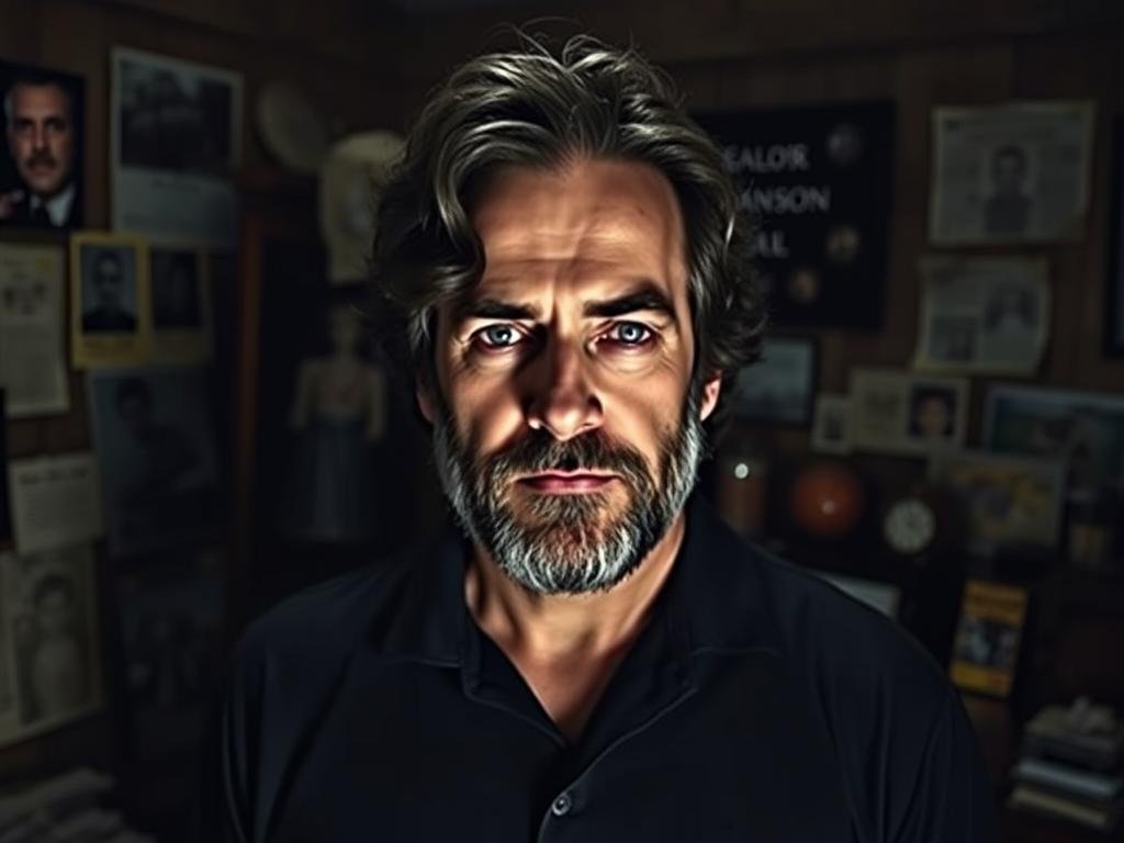A middle-aged man with a pensive expression, his face framed by dark hair and a beard. He stands in a dimly lit room, surrounded by the remnants of a turbulent family history - old photographs, newspaper clippings, and mementos that hint at the complex legacy of his grandfather, the infamous cult leader Charles Manson. The lighting casts deep shadows, conveying a sense of gravity and introspection as the man contemplates his family's past and his own role in shaping a more positive future. A middle-aged man with a pensive expression, his face framed by dark hair and a beard. He stands in a dimly lit room, surrounded by the remnants of a turbulent family history - old photographs, newspaper clippings, and mementos that hint at the complex legacy of his grandfather, the infamous cult leader Charles Manson. The lighting casts deep shadows, conveying a sense of gravity and introspection as the man contemplates his family's past and his own role in shaping a more positive future.