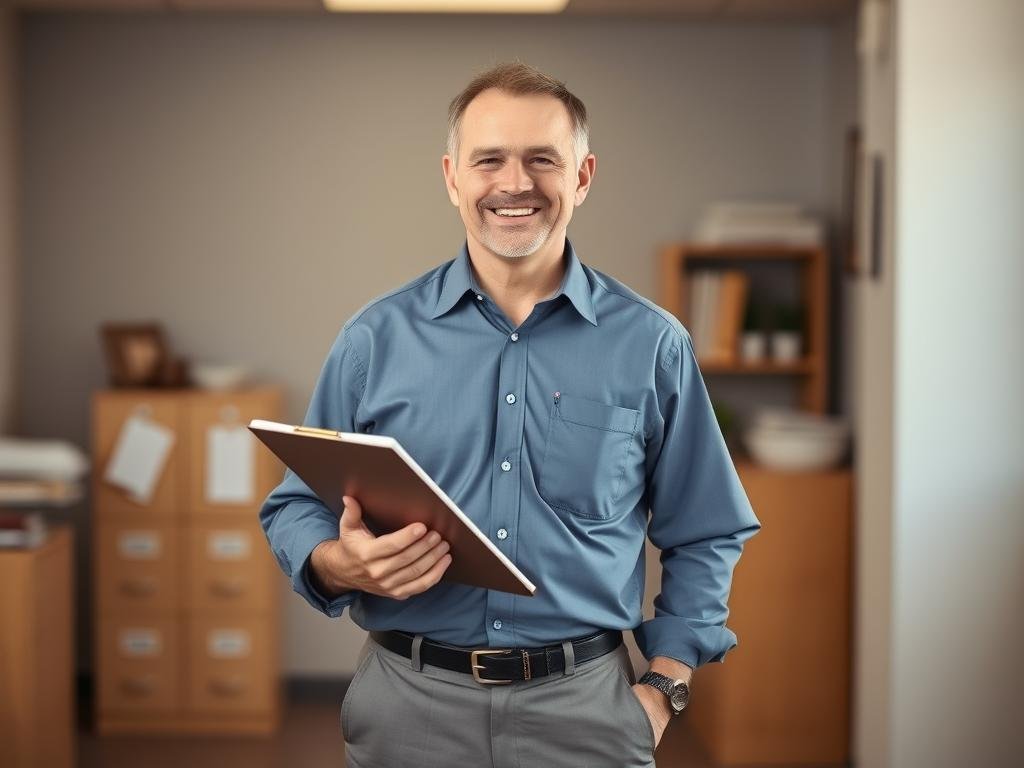 A middle-aged man with a warm, friendly expression stands in the center of the frame, dressed in a collared shirt, slacks, and dress shoes. He holds a clipboard in one hand, conveying an air of professionalism. The background is blurred, suggesting an office or municipal setting, with subtle hints of filing cabinets or shelves in the distance. Warm, natural lighting illuminates the scene, creating a sense of approachability and authority. The overall composition suggests a man who balances the responsibilities of a public works director with the passion of a sports official.