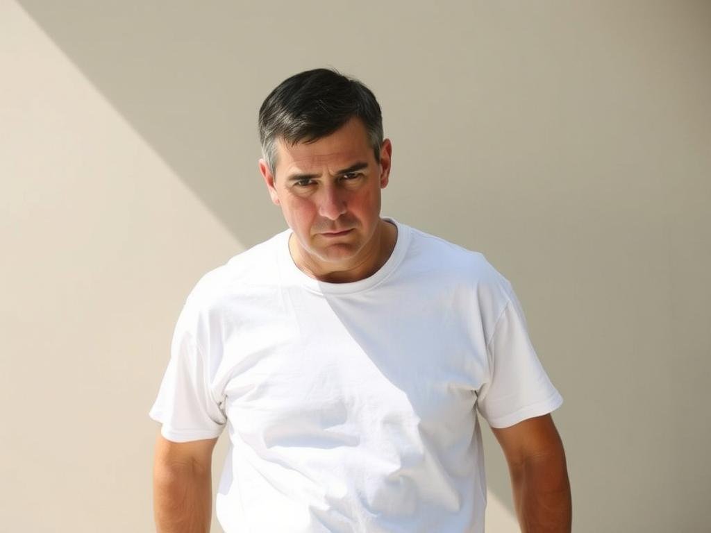 A middle-aged man with short dark hair and a serious expression, wearing a plain white t-shirt and blue jeans, standing against a neutral backdrop. Bright, natural lighting creates defined shadows and highlights his facial features. The angle is slightly elevated, giving a slight downward perspective. The focus is sharp, emphasizing the subject's intense gaze and body language, conveying a sense of tension and authority. The overall mood is somber and contemplative, befitting the subject of the "Richard Holovack Case".