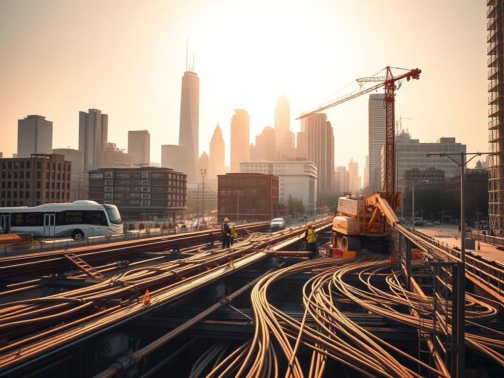 A modern city skyline, with towering skyscrapers and bustling streets, set against a backdrop of a clear, sunlit sky. In the foreground, a network of underground utility lines, pipes, and fiber optic cables intersect, representing the intricate infrastructure that enables high-speed internet connectivity. In the middle ground, construction crews work diligently, operating heavy machinery and coordinating the installation of new fiber optic lines and network equipment. The scene is bathed in a warm, golden light, conveying a sense of progress and efficiency. The overall atmosphere is one of technological advancement and urban dynamism, reflecting the local planning foundations that enable high-speed internet builds.