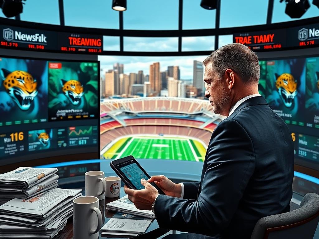 A modern newsroom with large screens displaying breaking news headlines and stock market tickers. In the foreground, a focused journalist intently reviewing the latest Jacksonville Jaguars game highlights on a tablet, surrounded by stacks of newspapers and coffee mugs. The middle ground features a vibrant, dynamic visualization of sports analytics and performance metrics. In the background, a city skyline with the iconic TIAA Bank Field stadium prominent, signifying the Jaguars' presence in the local community. The overall scene conveys a sense of authority, diligence, and the city's pride in their team's recent success.