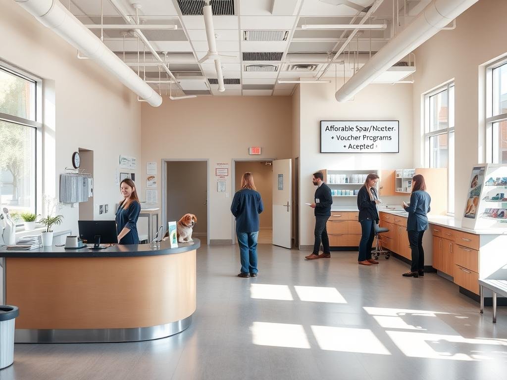 A modern, well-equipped veterinary clinic, with a warm, welcoming atmosphere. In the foreground, a receptionist's desk and friendly staff assisting pet owners. The middle ground features examination rooms, a pharmacy, and a surgical suite, all clean and well-lit. In the background, a sign advertising "Affordable Spay/Neuter Packages" and "Voucher Programs Accepted." Soft, natural lighting filters through the large windows, creating a calming, professional environment. The overall scene conveys accessibility, affordability, and high-quality care for pets in the local community.