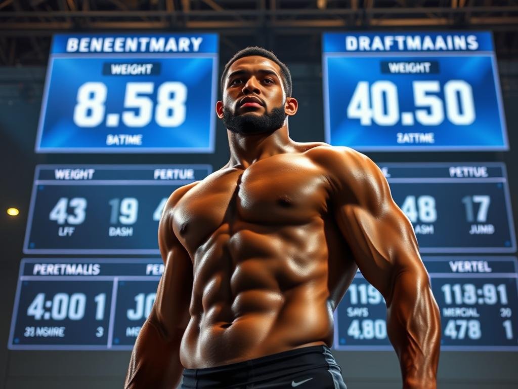 A muscular athlete stands in the foreground, showcasing his pro day performance. In the background, various benchmark metrics from the NFL Combine are displayed, including weight, 40-yard dash time, and vertical jump. The lighting is crisp and dramatic, highlighting the athlete's physique and the data visualizations. The scene conveys a sense of anticipation and the high stakes of the pre-draft evaluation process. The camera angle captures the athlete from a low perspective, emphasizing his size and power.