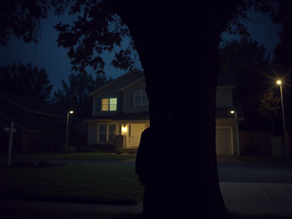 A mysterious and tense scene set in a suburban neighborhood at dusk. In the foreground, a shadowy figure stands partially concealed behind a large tree, observing a modern house with an air of suspicion. The middle ground features a well-kept lawn and a driveway, hinting at an idyllic neighborhood atmosphere, yet contrasting with the lurking threat. In the background, soft streetlights cast a warm glow, illuminating the scene but failing to dispel the ominous mood. The image is captured from a low angle, emphasizing the towering tree and the figure's stealth. The lighting is dim, creating a sense of unease, while the colors are slightly desaturated, adding to the foreboding atmosphere of stalking and tension leading up to an impending conflict. A mysterious and tense scene set in a suburban neighborhood at dusk. In the foreground, a shadowy figure stands partially concealed behind a large tree, observing a modern house with an air of suspicion. The middle ground features a well-kept lawn and a driveway, hinting at an idyllic neighborhood atmosphere, yet contrasting with the lurking threat. In the background, soft streetlights cast a warm glow, illuminating the scene but failing to dispel the ominous mood. The image is captured from a low angle, emphasizing the towering tree and the figure's stealth. The lighting is dim, creating a sense of unease, while the colors are slightly desaturated, adding to the foreboding atmosphere of stalking and tension leading up to an impending conflict.