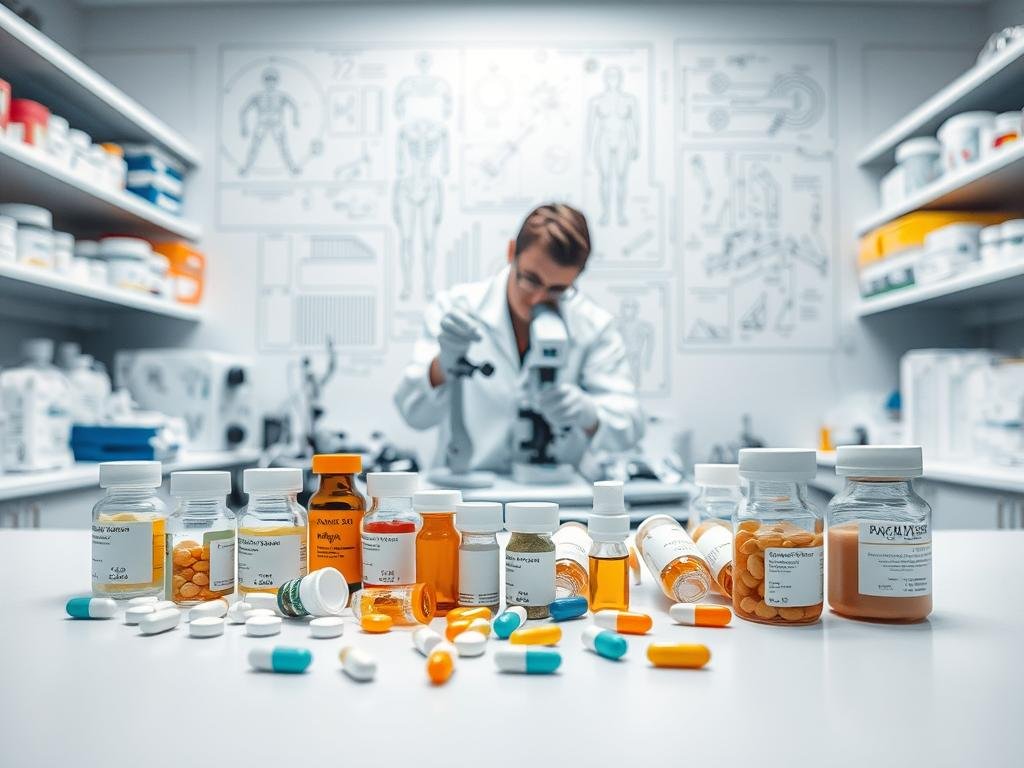 A neatly organized laboratory workspace featuring medical supplies and equipment. In the foreground, an array of pharmaceutical tablets, capsules, and vials are meticulously displayed on a clean, well-lit surface. In the middle ground, a focused researcher in a lab coat carefully examines the product quality using advanced analytical instruments. The background showcases intricate technical diagrams and illustrations related to dosing and administration protocols. The scene conveys a sense of professionalism, attention to detail, and a commitment to ensuring the safety and efficacy of the medical products.