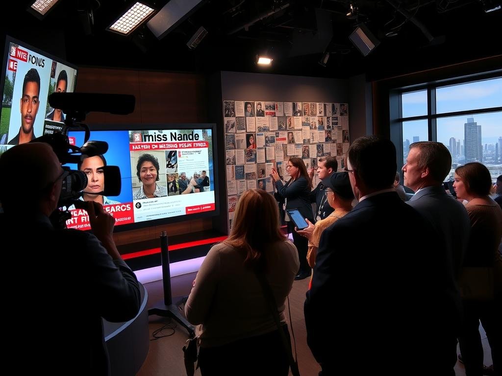 A news media studio set with reporters and cameras capturing the story of a missing person. In the foreground, a large TV screen displays news headlines and social media posts about the disappearance. In the middle ground, journalists interview concerned citizens and family members, their expressions reflecting the gravity of the situation. The background shows a wall of news clippings, broadcast equipment, and a cityscape visible through a window, conveying the widespread public interest and media attention. The lighting is moody and dramatic, with shadows and highlights emphasizing the intensity of the coverage and response. The overall atmosphere is one of urgency, empathy, and a community coming together to find answers.