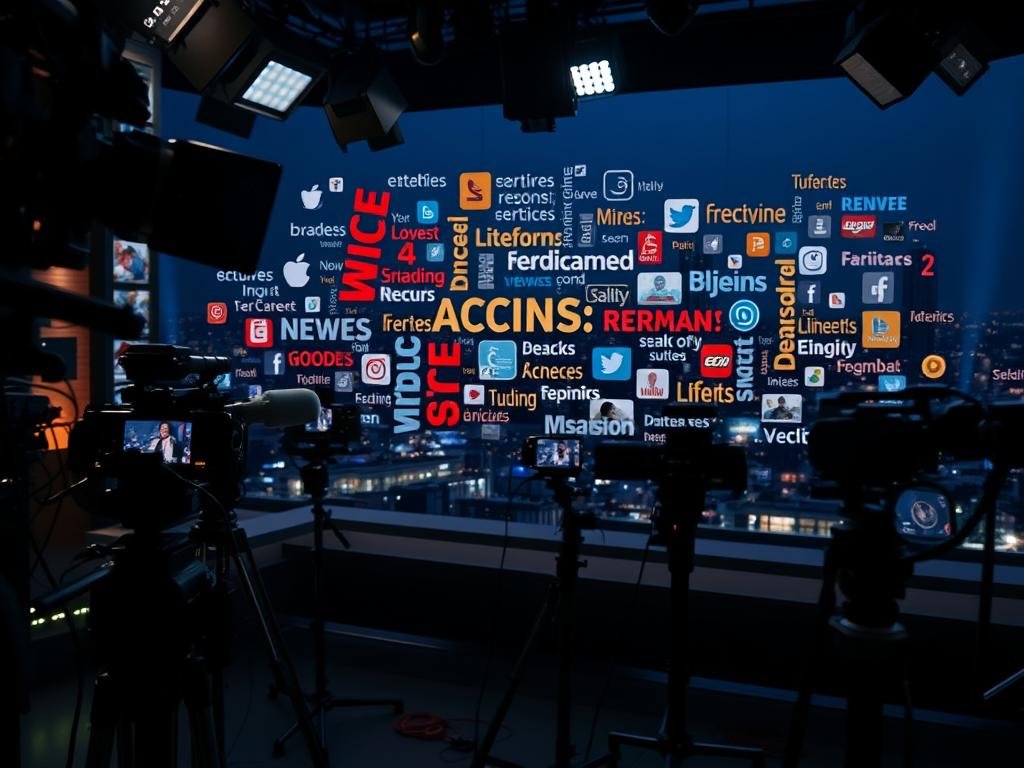 A news studio interior with cameras, microphones, and lighting equipment prominently displayed in the foreground. In the middle ground, various cultural references and keywords related to media coverage are depicted as abstract visual elements, such as social media icons, television screens, and news headlines. The background features a dimly lit cityscape, suggesting the broader cultural and social context. The overall scene conveys a sense of the complex interplay between media, culture, and the public discourse surrounding events.