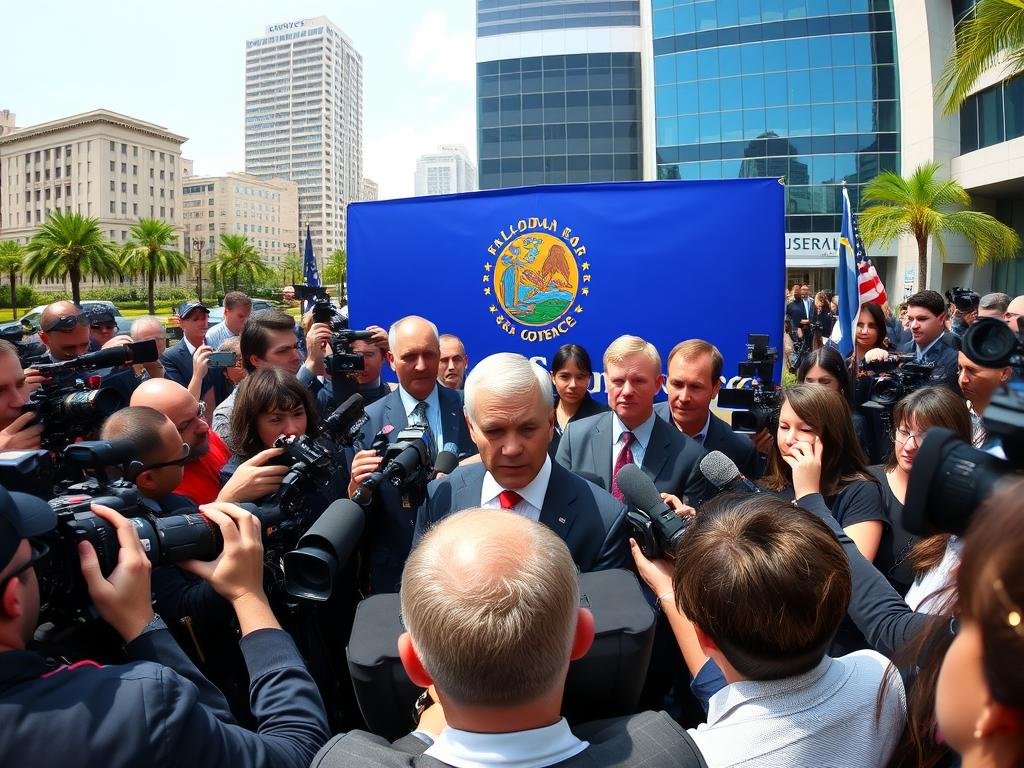 A panoramic view of a bustling Florida news conference, capturing a diverse group of journalists with cameras and microphones in the foreground, dressed in professional business attire, intently covering a recent legal story. In the middle of the scene, a large backdrop displaying a stylized Florida flag and the words "Press Conference" creates a focal point, while reporters interview a well-dressed public figure looking concerned. The background features an urban setting with bystanders reacting, showcasing a mix of curiosity and skepticism. The lighting is bright and natural, suggesting midday, with a shallow depth of field that draws focus to the journalists' expressions and the unfolding drama. The mood is tense yet lively, reflecting the public's keen interest in the event.