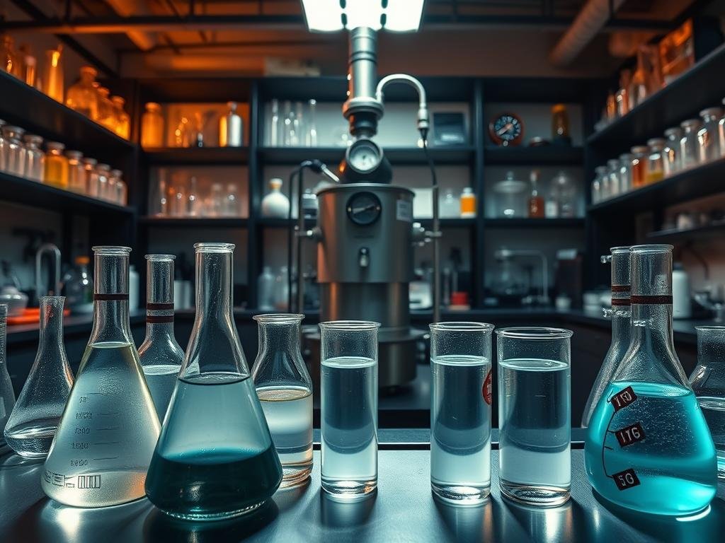 A panoramic view of a laboratory setting, dimly lit with warm, soft lighting. In the foreground, an array of beakers and test tubes containing various clear, viscous liquids, meant to represent alternatives and complements to seawater drops. The middle ground features a central apparatus, perhaps a centrifuge or distillation setup, with various gauges and readouts, hinting at the scientific experimentation taking place. In the background, shelves lined with glassware and scientific instruments, conveying a sense of a well-equipped research facility. The overall atmosphere is one of contemplation and discovery, as if the viewer is witnessing the exploration of new possibilities in fire-fighting technology. A panoramic view of a laboratory setting, dimly lit with warm, soft lighting. In the foreground, an array of beakers and test tubes containing various clear, viscous liquids, meant to represent alternatives and complements to seawater drops. The middle ground features a central apparatus, perhaps a centrifuge or distillation setup, with various gauges and readouts, hinting at the scientific experimentation taking place. In the background, shelves lined with glassware and scientific instruments, conveying a sense of a well-equipped research facility. The overall atmosphere is one of contemplation and discovery, as if the viewer is witnessing the exploration of new possibilities in fire-fighting technology.
