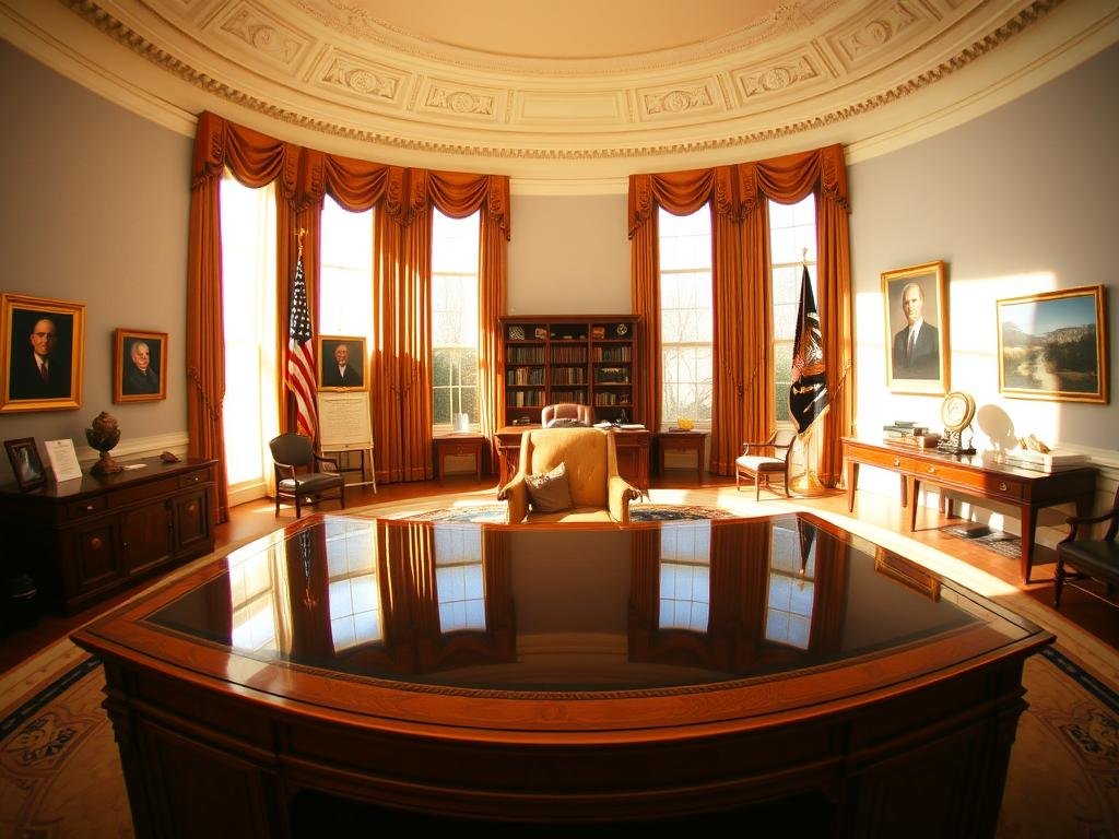 A panoramic view of the Oval Office, bathed in warm, natural light filtering through large windows. In the foreground, the iconic presidential desk stands prominently, its polished surface reflecting the intricate details of the room. On the walls, framed portraits of past presidents gaze solemnly, their expressions conveying the weight of their decisions. In the middle ground, a cluster of bookcases and side tables hold documents and artifacts, hinting at the expansions and safeguards that have shaped the Social Security program over time. The background fades into a soft, hazy atmosphere, suggesting the ongoing evolution of this critical policy.