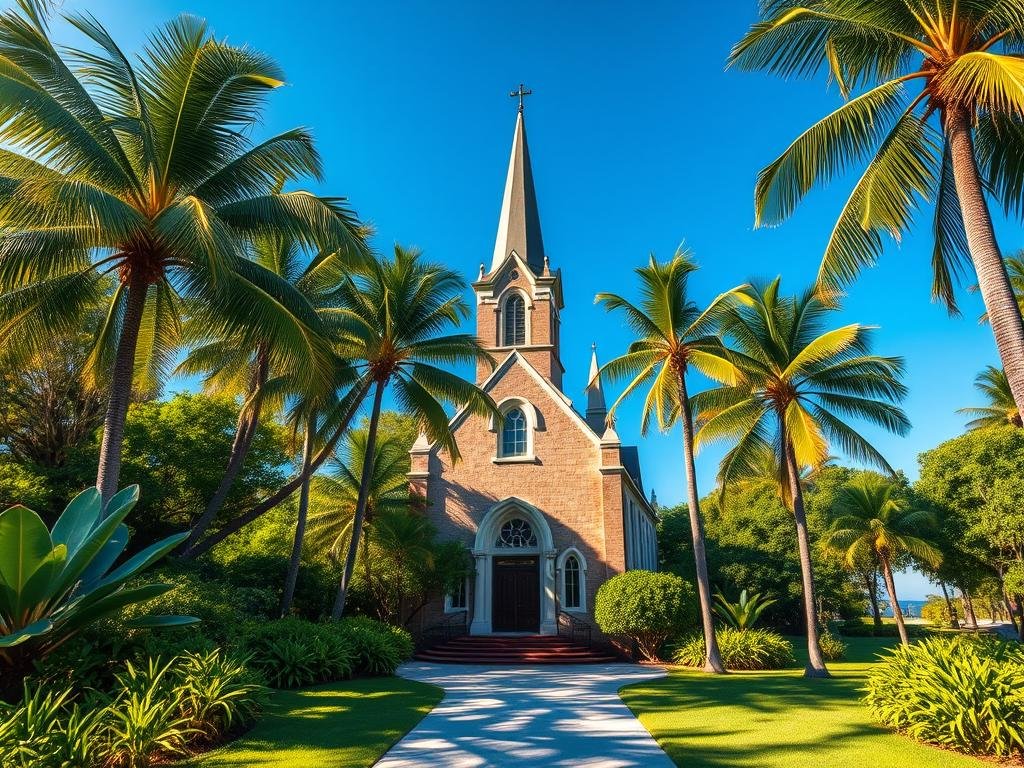 A picturesque church nestled in the lush greenery of the Emerald Coast, its steeple rising majestically against a vibrant azure sky. The building's classic architecture, with intricate stone detailing and stained-glass windows, exudes a timeless elegance. The surrounding landscape is a tapestry of verdant foliage, with towering palm trees swaying gently in the warm coastal breeze. Sunlight filters through the trees, casting a warm, golden glow over the scene, evoking a sense of serenity and tranquility. In the foreground, a path leads towards the church's inviting entrance, welcoming visitors to discover the spiritual haven within.