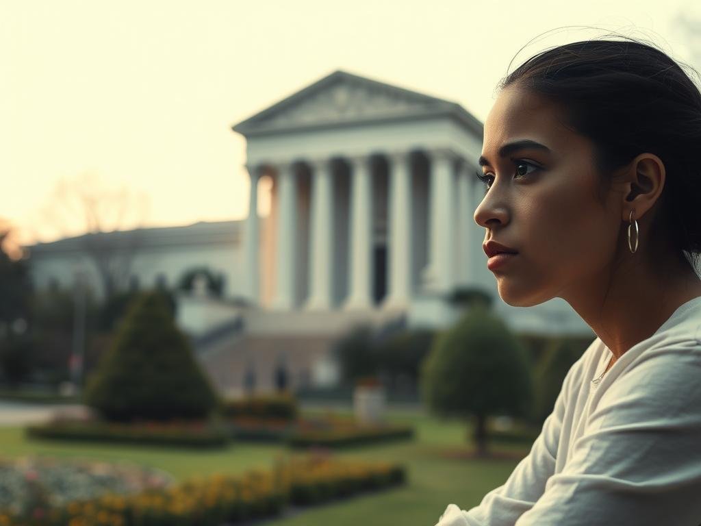 A poignant scene of a young woman's journey from a troubled childhood to finding justice and healing. In the foreground, she sits contemplatively, her face reflecting the weight of her experiences. The middle ground shows the harsh realities of the justice system - a cold, imposing courthouse. In the background, a glimmer of hope shines through - a serene garden, a symbol of her gradual transformation. Soft, diffused lighting casts a pensive mood, while a shallow depth of field draws the viewer's focus to the central figure. An intimate, emotive portrait that humanizes the headlines.