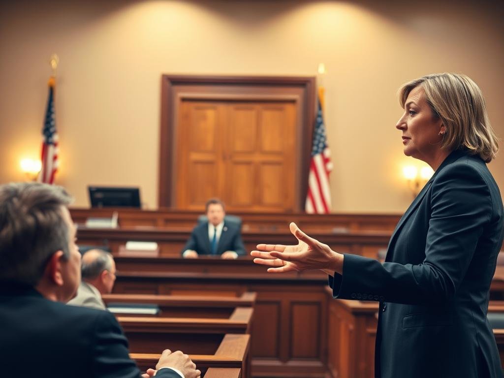 A professional courtroom setting where a defense attorney passionately presents arguments related to mental health and chronic traumatic encephalopathy (CTE). In the foreground, a well-dressed attorney, female, in a tailored suit, gestures emphatically while addressing the jury, who appears engaged and thoughtful. The middle ground includes a large wooden judge's bench, with a solemn judge observing the proceedings. In the background, soft lighting casts a warm glow, highlighting the courtroom's details, such as legal books and an American flag. The atmosphere feels intense yet contemplative, evoking the seriousness of mental health considerations in legal contexts. The scene is captured from a low angle, emphasizing the stakes of the discussion. A professional courtroom setting where a defense attorney passionately presents arguments related to mental health and chronic traumatic encephalopathy (CTE). In the foreground, a well-dressed attorney, female, in a tailored suit, gestures emphatically while addressing the jury, who appears engaged and thoughtful. The middle ground includes a large wooden judge's bench, with a solemn judge observing the proceedings. In the background, soft lighting casts a warm glow, highlighting the courtroom's details, such as legal books and an American flag. The atmosphere feels intense yet contemplative, evoking the seriousness of mental health considerations in legal contexts. The scene is captured from a low angle, emphasizing the stakes of the discussion.