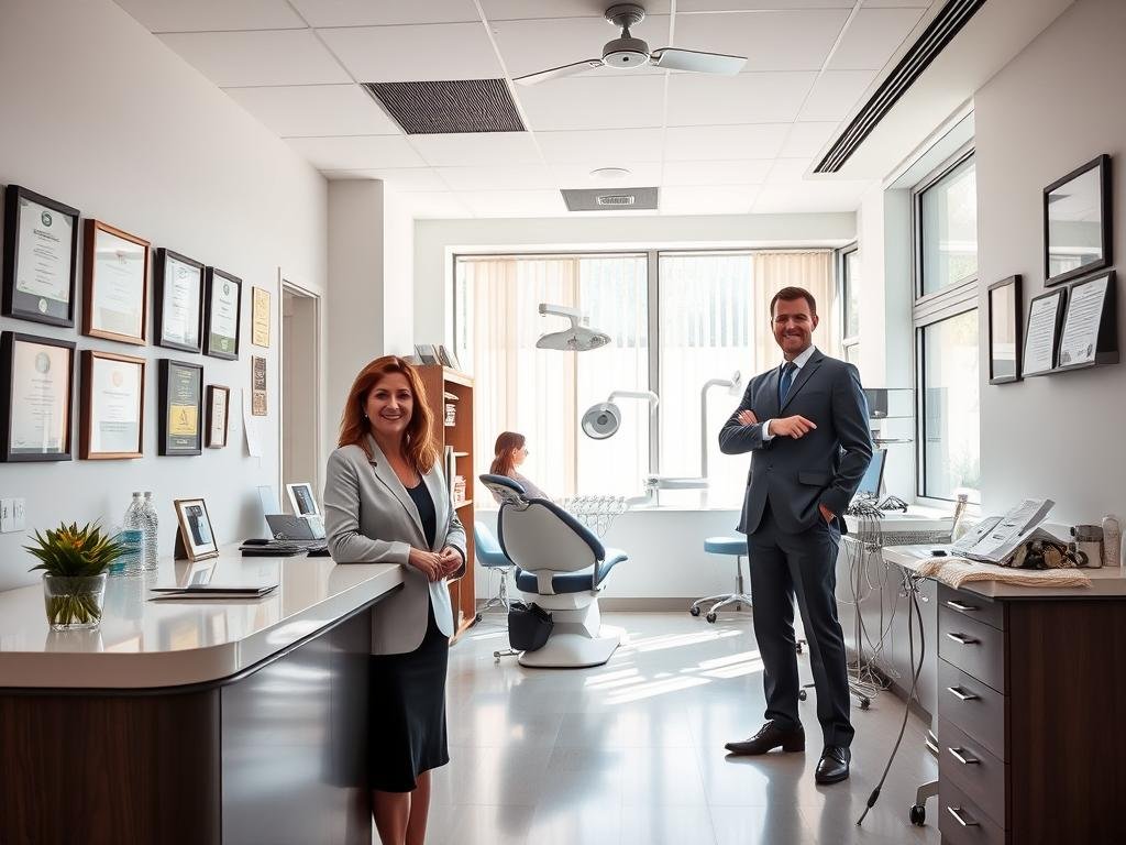 A professional dental implant office, featuring a clean and modern interior. In the foreground, a well-organized reception area with a friendly receptionist in business attire, greeting patients warmly. In the middle, a consultation room with a confident dentist discussing implant options with a patient, both in professional attire, showcasing an attentive atmosphere. On the walls, certificates and accolades symbolize quality and trust. Soft, natural lighting streams in through large windows, creating a welcoming feel. In the background, subtle indicators of caution, such as an outdated dental chair and cluttered equipment, represent potential red flags for patients. The ambiance blends professionalism with hints of unease, urging viewers to differentiate between quality signals and warning signs in dental care.