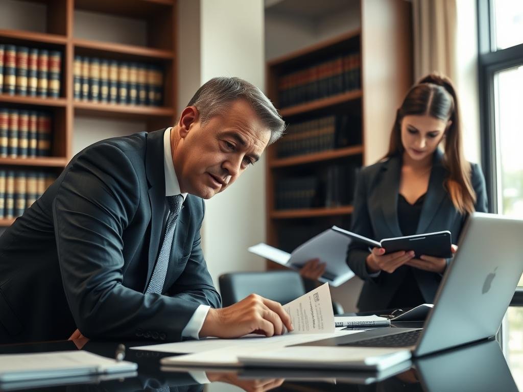 A professional legal team in a modern office environment, focused on their discussion about a significant case. In the foreground, a middle-aged man in a tailored dark suit, representing Rep. Cory Mills, is leaning over a table filled with legal documents and a laptop, showcasing a serious expression. Beside him, a young woman in a smart blazer is taking notes, her brow furrowed in concentration. The middle ground features a large window with natural light streaming in, illuminating the room's sleek furniture. In the background, a bookshelf filled with legal texts adds an authoritative touch. The atmosphere is tense yet measured, reflecting the gravity of the situation while maintaining a professional elegance. The camera angle is slightly elevated, creating depth and focus on the team’s exchange.