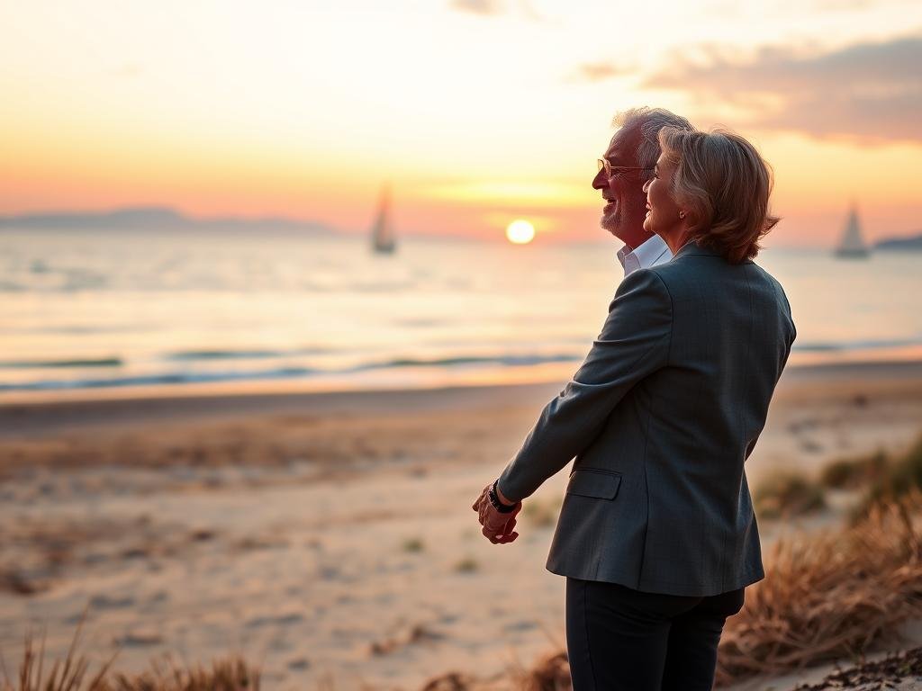 A serene and hopeful scene depicting a couple enjoying a sunset view by the beach, symbolizing retirement on the horizon. In the foreground, a man in modest casual clothing and a woman in professional business attire hold hands, smiling as they look at the horizon. The middle ground features soft, sandy dunes and gentle waves lapping at the shore, with a warm glow of orange and pink hues in the sky. The background showcases distant sailboats and a fading sun setting over the water, casting a tranquil light on the scene. The atmosphere is one of joy, anticipation, and reflection, highlighting the beauty of life's transitions. The image is captured with a warm, soft focus and a slight vignette to enhance the emotional depth. A serene and hopeful scene depicting a couple enjoying a sunset view by the beach, symbolizing retirement on the horizon. In the foreground, a man in modest casual clothing and a woman in professional business attire hold hands, smiling as they look at the horizon. The middle ground features soft, sandy dunes and gentle waves lapping at the shore, with a warm glow of orange and pink hues in the sky. The background showcases distant sailboats and a fading sun setting over the water, casting a tranquil light on the scene. The atmosphere is one of joy, anticipation, and reflection, highlighting the beauty of life's transitions. The image is captured with a warm, soft focus and a slight vignette to enhance the emotional depth.