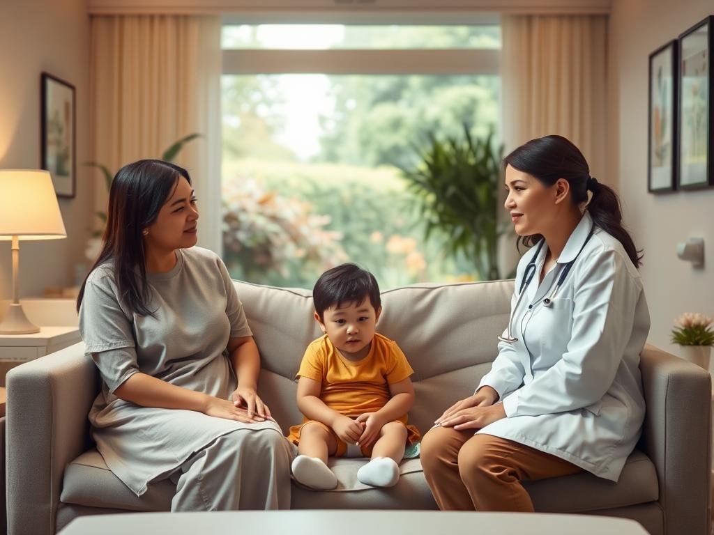 A serene, calming hospital room with warm lighting and soft, muted colors. In the foreground, a child sits on a comfortable couch, surrounded by a caring therapist and social worker. Their expressions convey empathy, patience, and a dedication to providing trauma-informed care. The middle ground features soothing, nature-inspired decor and calming artwork on the walls. The background has a large window overlooking a peaceful garden, allowing natural light to flood the space. The overall atmosphere evokes a sense of safety, trust, and healing, reflecting the care and support a rescued child would receive in the aftermath of their ordeal.