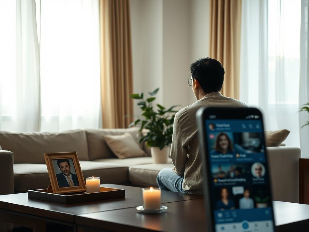 A serene indoor space bathed in soft, natural light filtering through sheer curtains. In the foreground, a solitary figure dressed in modest, casual clothing, perhaps a light sweater and jeans, sits on a comfortable sofa, their face turned away, lost in contemplation. On the coffee table, a lit candle and a framed photograph evoke an atmosphere of remembrance. The middle of the scene features a lush indoor plant, symbolizing life amidst grief. In the background, a blurred view of a digital device displays a social media feed, hinting at the scars of the viral age. The overall mood is reflective and poignant, capturing the essence of private grieving amidst the incessant connectivity of the digital world.