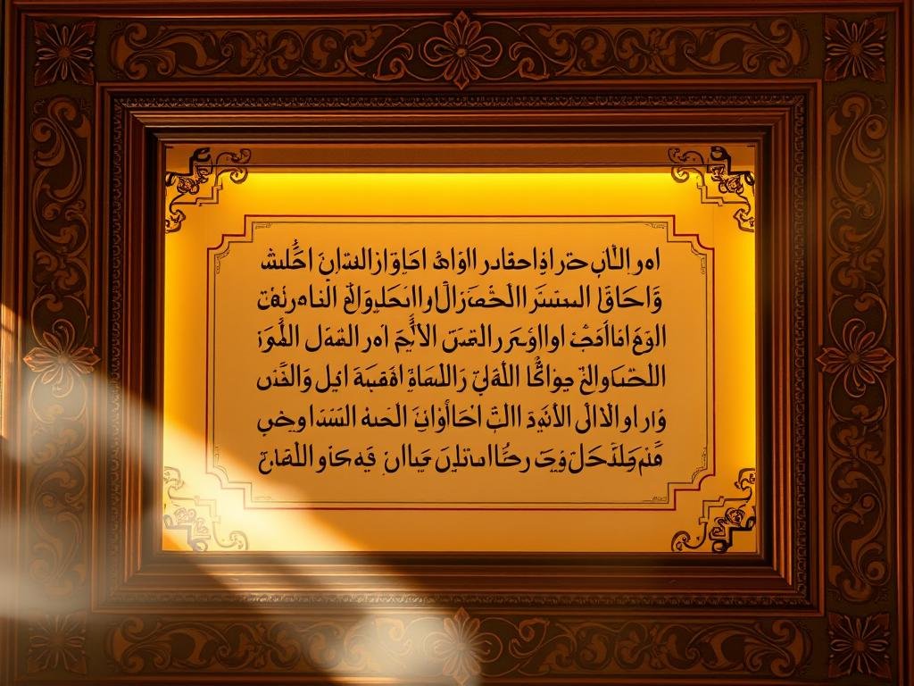 A serene, ornate wooden frame surrounds a central panel of calligraphic scripture, illuminated by warm, natural light. Intricate floral and geometric patterns adorn the border, creating a sense of reverence and timelessness. The scripture is written in a flowing, elegant script, the words seeming to shimmer and dance upon the page. A soft, hazy glow emanates from the frame, imbuing the scene with a sense of the divine. The overall composition evokes a feeling of contemplation, inviting the viewer to pause and reflect upon the timeless wisdom of the text.