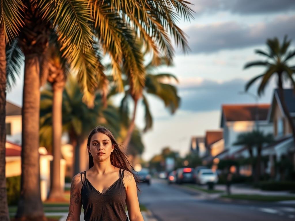 A serene street in Mandarin, Jacksonville, bathed in warm evening light. In the foreground, a young woman strolls along the sidewalk, her expression pensive. Gently swaying palm trees frame the scene, conveying a sense of safety and tranquility. The middle ground features well-maintained homes, their architectural details hinting at the neighborhood's character. In the distance, a bustling commercial area comes into view, a subtle reminder of the need for awareness in this community. The composition evokes a thoughtful balance between the individual's experience and the broader context of age, safety, and community engagement.