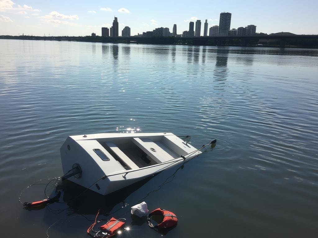 A serene, sun-dappled river scene, with a capsized boat in the foreground, partially submerged in the calm waters. Life jackets and other safety equipment scattered nearby, a somber reminder of the tragic incident. In the background, a picturesque Jacksonville skyline, casting a reflection on the glimmering surface. The image conveys a sense of caution and the need for heightened awareness, inviting the viewer to consider the importance of safety protocols and preparedness when venturing out on the water.
