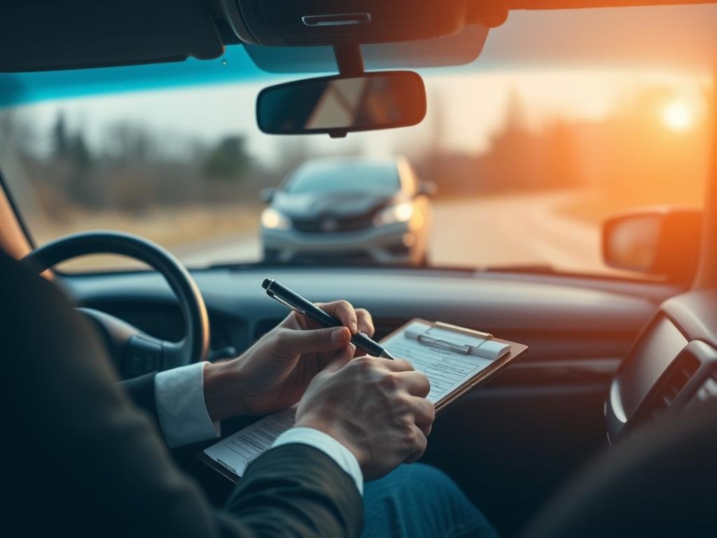 A serene, well-lit car interior after an accident, with a clipboard and a pen neatly arranged on the dashboard. The driver's hands are carefully documenting details like tire skid marks, broken glass, and the position of the vehicles. A subtle sense of professionalism and attention to detail permeates the scene. The soft, warm lighting casts a calming glow, emphasizing the importance of proper evidence collection. In the background, the damaged vehicles are visible through the windshield, underscoring the need for meticulous documentation.