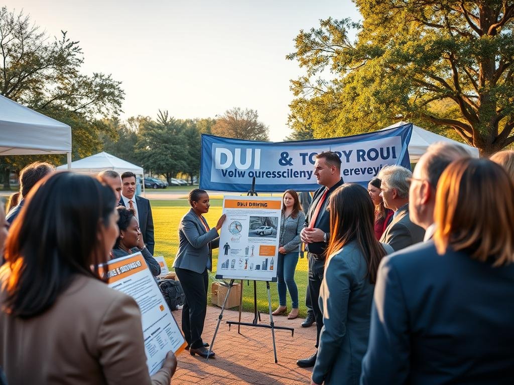A serene yet impactful scene depicting a community event focused on public awareness and prevention concerning DUI accidents. In the foreground, a diverse group of people, dressed in professional business attire, gathers around an informative display on DUI statistics and safety measures. In the middle ground, a police officer talks to a captivated audience, gesturing towards a graphic illustrating the consequences of impaired driving. Banners promoting safe driving hang from tents, colorful and eye-catching. In the background, a park setting with trees and a clear blue sky enhances the positive, community-driven atmosphere. The lighting is warm and inviting, reminiscent of a late afternoon sun, creating a hopeful and proactive mood that emphasizes the importance of policy and prevention.