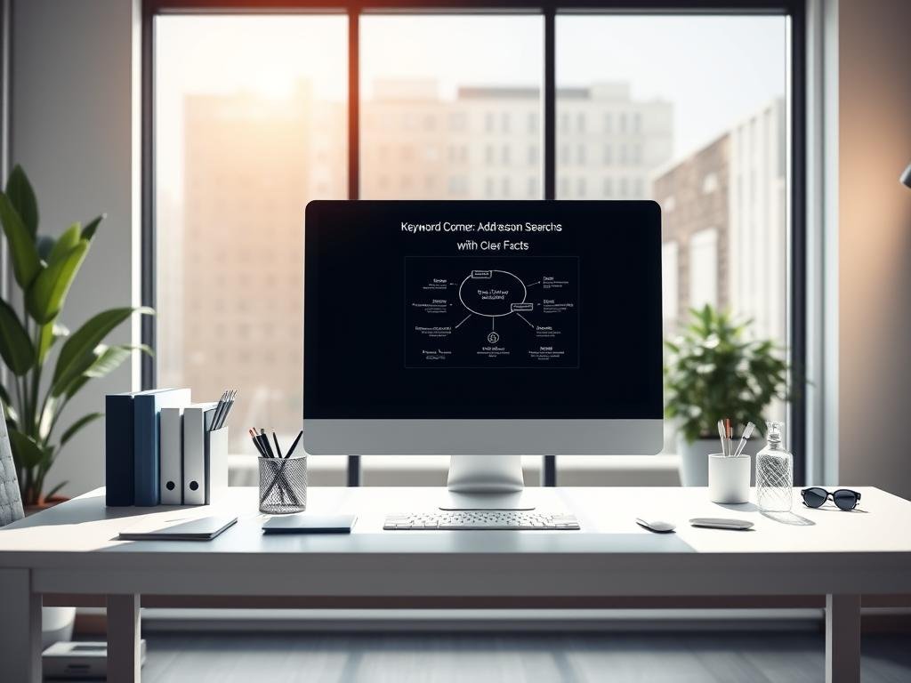 A sleek, modern office setting with a desktop computer and various office supplies neatly arranged on a clean, minimalist desk. A large window in the background floods the space with natural light, casting a warm, inviting glow. On the computer screen, a simple diagram or infographic titled "Keyword Corner: Addressing Common Searches with Clear Facts" is displayed, presenting key information in a clear, organized manner. The overall atmosphere is one of professionalism, clarity, and attention to detail, reflecting the subject matter being addressed.