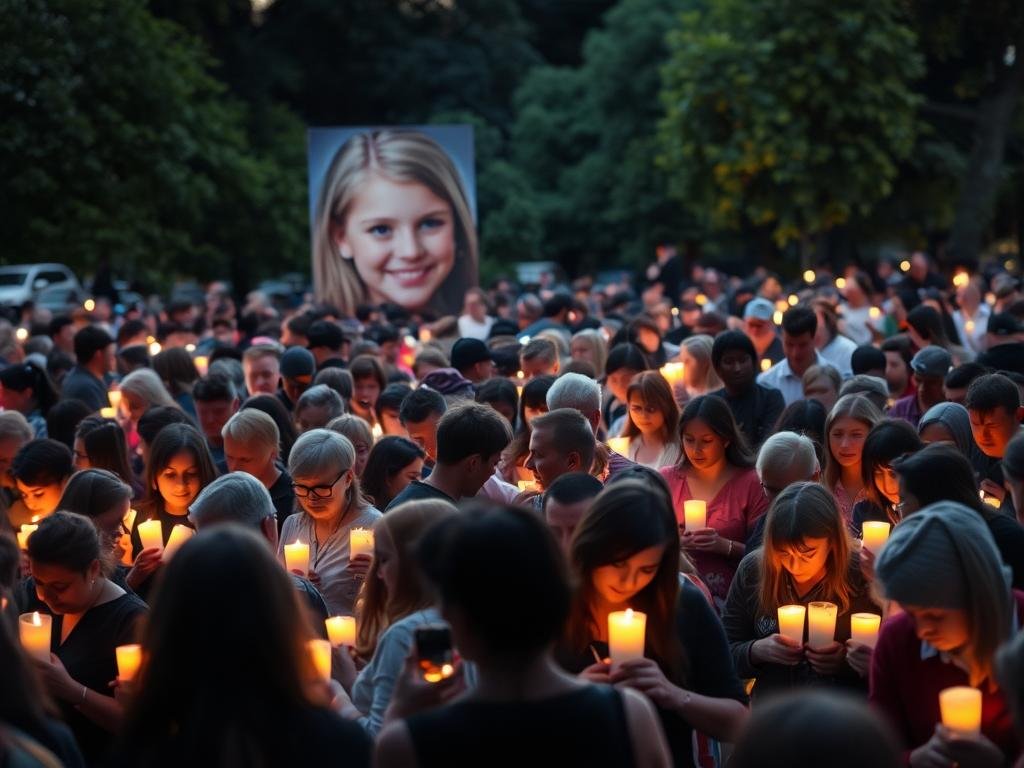 A somber candlelight vigil, a sea of mourners gathered in a park, their faces illuminated by the flickering flames. In the foreground, a large portrait of Tristyn Bailey, her warm smile a stark contrast to the grief-stricken expressions of the community. The middle ground captures the sense of togetherness, as people embrace and comfort one another, united in their collective anguish. In the background, a backdrop of lush greenery, a reminder of the vibrant life that was taken too soon. The scene is bathed in a soft, golden light, creating an atmosphere of reverence and solemnity, a powerful testament to the lasting impact of Tristyn's life and the community's unwavering support for her family.