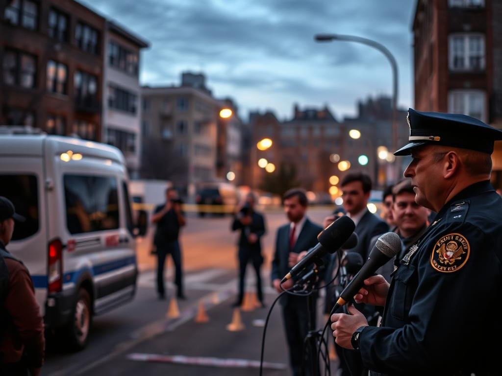 A somber cityscape at dusk, with a news van parked on the dimly lit street. In the foreground, a group of reporters and camera crews stand intently, microphones in hand, as they gather details from a police officer, his uniform crisp and his expression grave. In the middle ground, a cordoned-off area, with scattered evidence markers hinting at a tragic event. The background is a blur of nondescript buildings, their windows casting a muted glow, reflecting the weight of the situation. The overall atmosphere is one of tension and subdued urgency, as the local community grapples with the unfolding story.