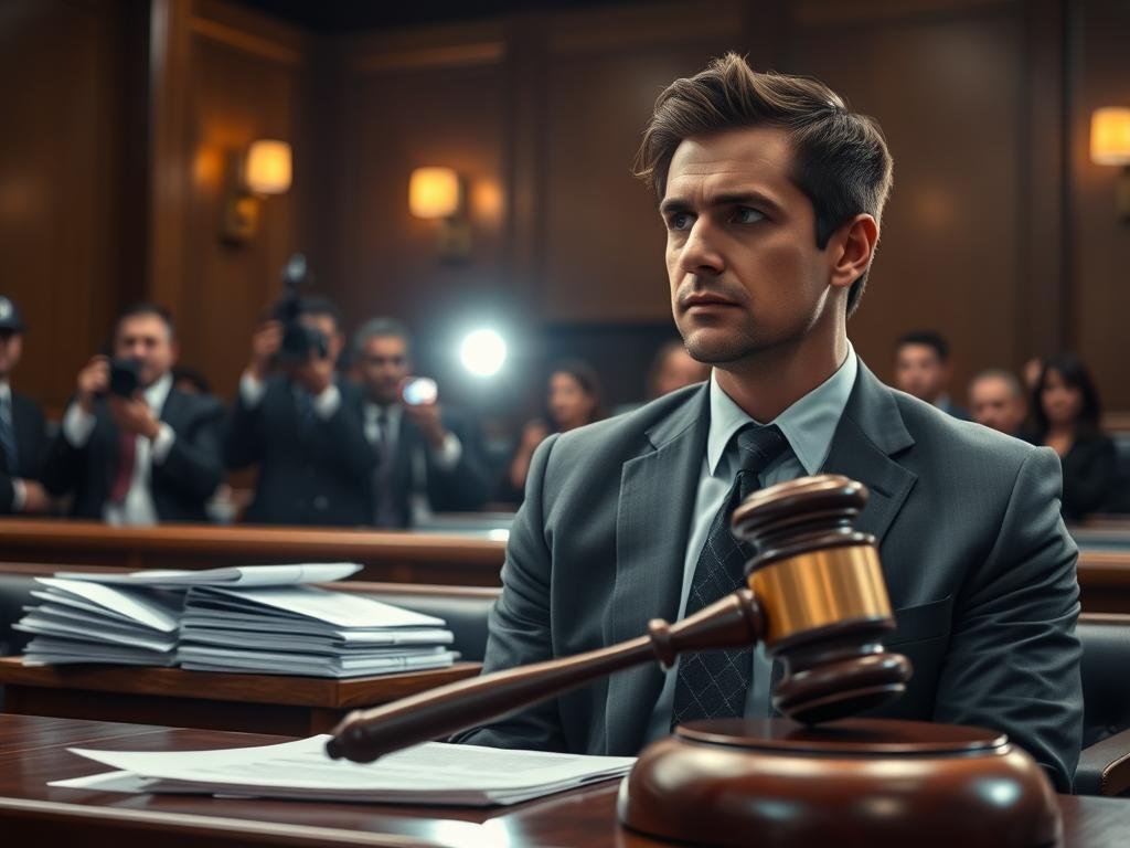 A somber courtroom scene, showcasing a wooden bench filled with legal documents and a gavel prominently placed in the foreground, symbolizing the weight of justice. In the middle of the image, a close-up of a 30-something man in a crisp suit, looking contemplative and serious as he gazes towards the judge, capturing a moment of admission and reflection. In the background, blurred figures of spectators, hinting at the media presence with camera flashes and silhouettes. Soft, natural lighting that creates a dramatic yet respectful atmosphere, emphasizing the gravity of the moment. A slight low-angle perspective to convey the importance of the proceedings, evoking a sense of tension and anticipation. The overall mood is tense yet dignified, capturing the stark reality of a legal battle. A somber courtroom scene, showcasing a wooden bench filled with legal documents and a gavel prominently placed in the foreground, symbolizing the weight of justice. In the middle of the image, a close-up of a 30-something man in a crisp suit, looking contemplative and serious as he gazes towards the judge, capturing a moment of admission and reflection. In the background, blurred figures of spectators, hinting at the media presence with camera flashes and silhouettes. Soft, natural lighting that creates a dramatic yet respectful atmosphere, emphasizing the gravity of the moment. A slight low-angle perspective to convey the importance of the proceedings, evoking a sense of tension and anticipation. The overall mood is tense yet dignified, capturing the stark reality of a legal battle.
