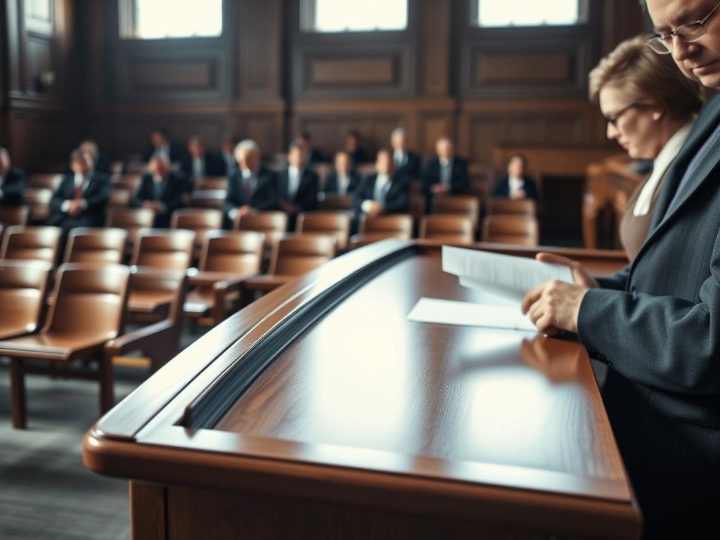 A somber courtroom scene showcasing the legal process ahead, with a focus on a polished wooden judge's bench in the foreground. To the right, a judge in professional attire, looking thoughtfully at a legal document. On the left, a group of attorneys discussing strategy, dressed in sharp business suits, with a sense of urgency in their expressions. The background features blurred courtroom benches filled with empty seats, suggesting anticipation and the weight of the proceedings. Soft, natural light filters in through high windows, casting gentle shadows and creating an atmosphere of seriousness and gravity. The overall mood is tense yet dignified, reflecting the importance of the upcoming legal steps in the case. A somber courtroom scene showcasing the legal process ahead, with a focus on a polished wooden judge's bench in the foreground. To the right, a judge in professional attire, looking thoughtfully at a legal document. On the left, a group of attorneys discussing strategy, dressed in sharp business suits, with a sense of urgency in their expressions. The background features blurred courtroom benches filled with empty seats, suggesting anticipation and the weight of the proceedings. Soft, natural light filters in through high windows, casting gentle shadows and creating an atmosphere of seriousness and gravity. The overall mood is tense yet dignified, reflecting the importance of the upcoming legal steps in the case.