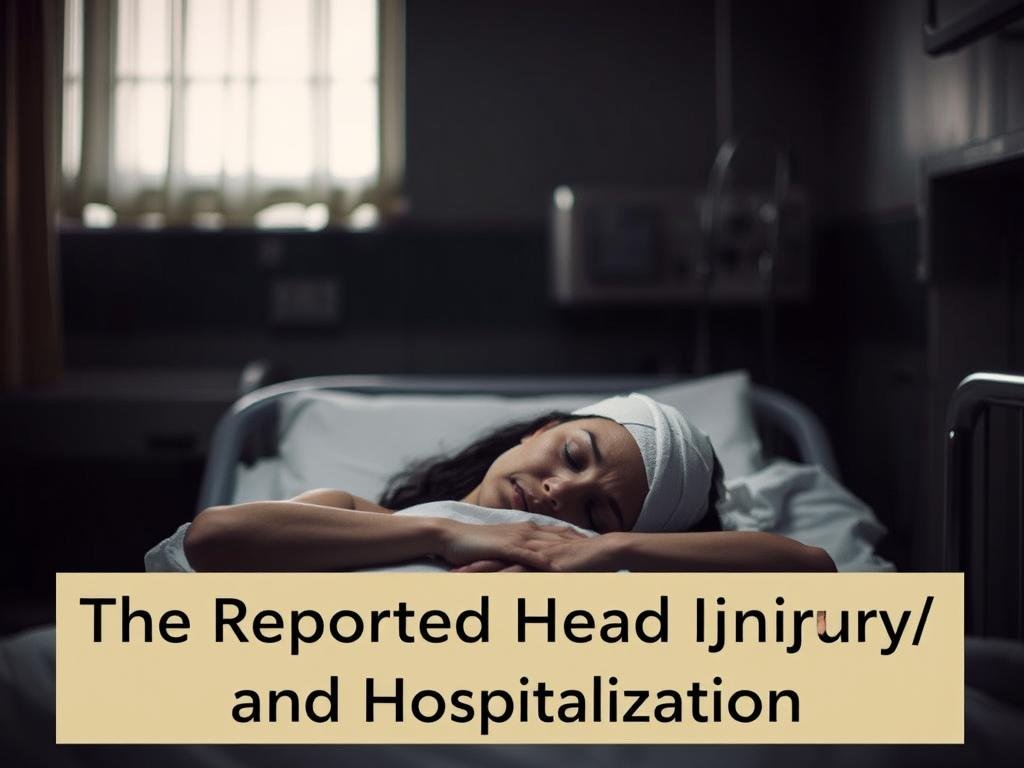 A somber hospital room, dimly lit, with soft shadows and muted tones. In the center, a woman lies on a hospital bed, bandages wrapped around her head. The focus is on her pained expression, conveying the gravity of her reported head injury. The background is blurred, hinting at the presence of medical equipment and the sterile environment. The image evokes a sense of concern and the seriousness of the situation, reflecting the title "The Reported Head Injury and Hospitalization".