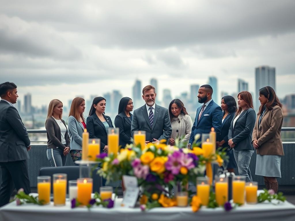A somber yet informative scene depicting a memorial setup in Lake City, representing the August 2023 shooting. In the foreground, a table adorned with candles and flowers to honor the victims, featuring vibrant colors like yellow and purple. In the middle, a group of diverse individuals in professional business attire, ranging from ages 18 to 50, engaged in a serious discussion about community safety and awareness. The background features a blurred view of the city skyline under a cloudy, overcast sky, suggesting a reflective mood. Soft, diffused lighting enhances the solemn atmosphere, with a shallow depth of field to focus on the memorial while subtly capturing the group’s expressions. The overall image is respectful and evokes a sense of community resilience and compassion.