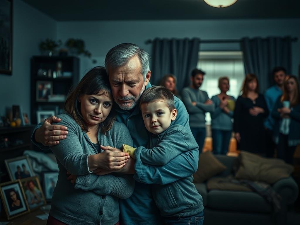A sombre family portrait set in a dimly lit living room. In the foreground, a mother and father embrace their two young children, their faces etched with grief and worry. The middle ground reveals a collection of family photos and mementos, a testament to happier times now overshadowed by the weight of tragedy. In the background, the community gathers, offering support and condolences, their expressions a mix of compassion and unease. Soft, muted lighting casts a melancholic tone, evoking the profound impact on both the immediate family and the wider community affected by this unimaginable loss. A sombre family portrait set in a dimly lit living room. In the foreground, a mother and father embrace their two young children, their faces etched with grief and worry. The middle ground reveals a collection of family photos and mementos, a testament to happier times now overshadowed by the weight of tragedy. In the background, the community gathers, offering support and condolences, their expressions a mix of compassion and unease. Soft, muted lighting casts a melancholic tone, evoking the profound impact on both the immediate family and the wider community affected by this unimaginable loss.