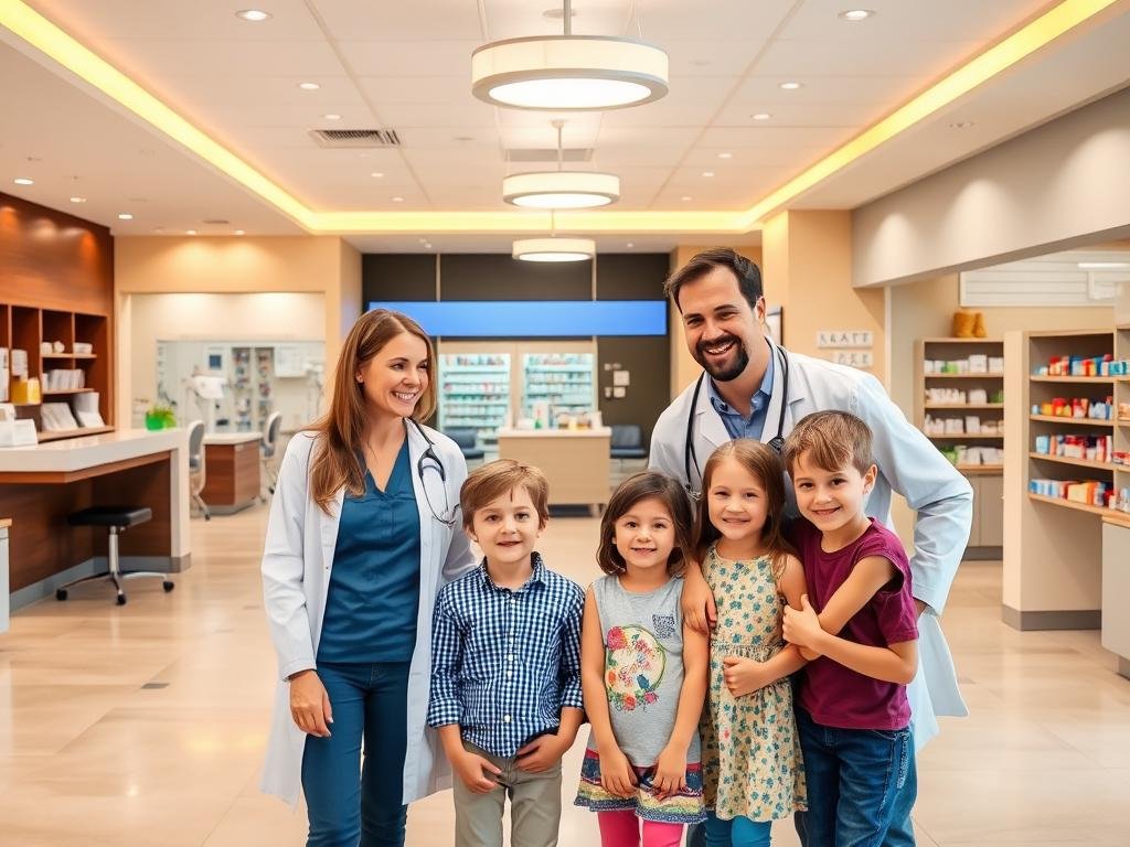 A spacious and modern medical facility, with a welcoming reception area and warm lighting. In the foreground, a family - a mother, father, and two children - consulting with a friendly doctor. The middle ground features examination rooms, each with state-of-the-art equipment. In the background, a well-stocked pharmacy and a dedicated area for patient education. The overall atmosphere conveys a sense of professionalism, care, and a commitment to providing comprehensive family healthcare services in Niceville.